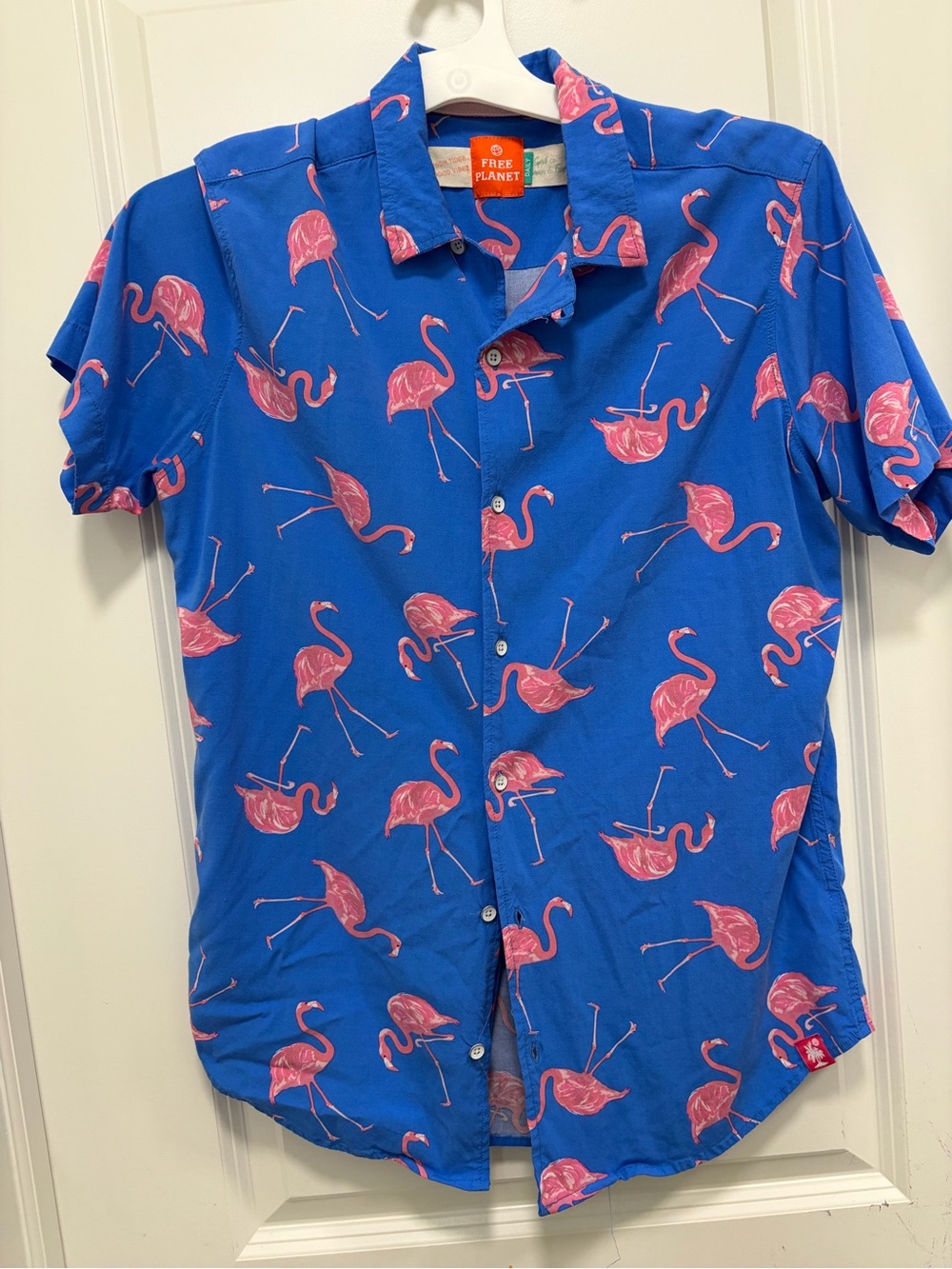 Free Planet Men’s Blue Flamingo Print Short-Sleeve Shirt size small